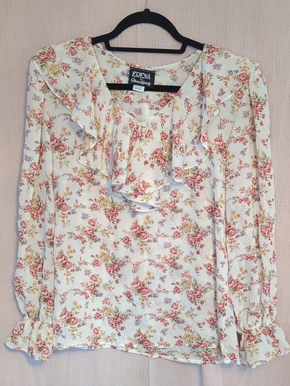80's-90's ERENA by Irene Kornig Cream Floral Ruffle Blouse - Pink Rose Print
